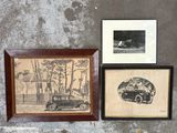 trois photos encadrées représentant une voiture et une autre voiture accrochées au mur