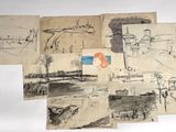 Plusieurs dessins représentant divers bâtiments sont reproduits sur une feuille de papier