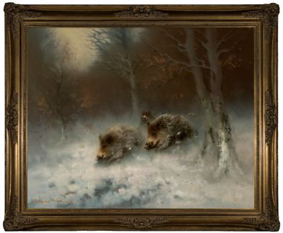 un tableau représentant deux ours dans la neige, près d'un arbre