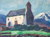 une peinture à l'huile représentant une église sur une colline, avec un cheval au premier plan