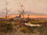 une image représentant un tableau représentant un coucher de soleil sur un village