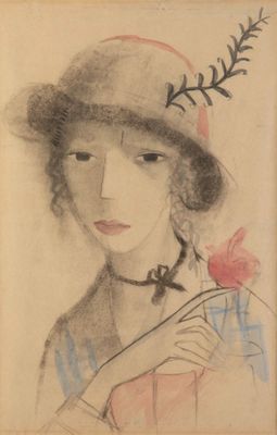 dessin représentant une femme coiffée d'un chapeau, tenant une fleur à la main