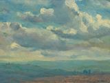 une peinture à l'huile représentant un champ avec, en arrière-plan, le ciel et des nuages
