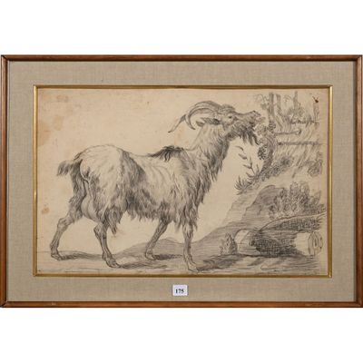 un dessin représentant une chèvre debout devant une rivière