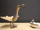 a bird that is standing next to a broken egg shell