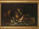 tableau représentant une nature morte avec des poissons et une cruche posés sur une table
