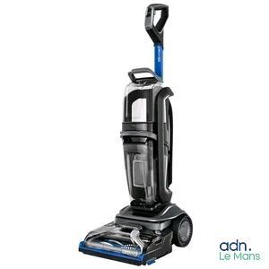 a black and blue vacuum cleaner with a blue handle