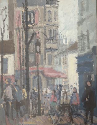 painting of a city street scene with people walking on the sidewalk