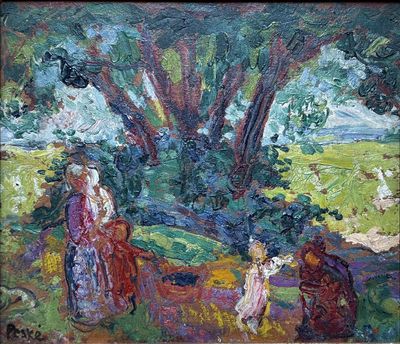 une image représentant un tableau où l'on voit une femme et deux enfants dans un champ