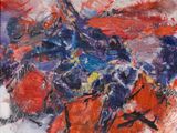 une peinture abstraite représentant un groupe de personnes à cheval