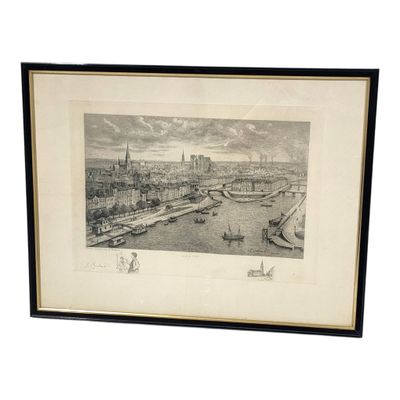 tableau encadré représentant une vue de ville avec des bateaux sur l'eau