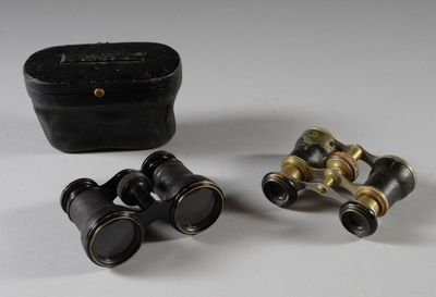 Deux paires de jumelles sont posées à côté d'un étui noir.