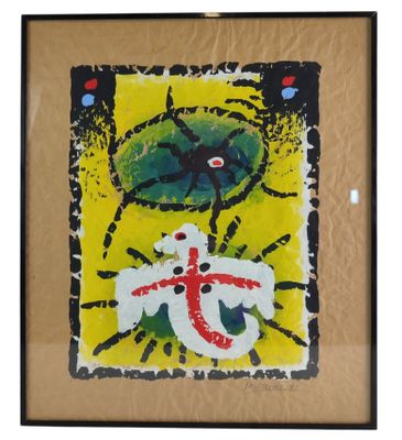 framed picture of a painting of a crab and a fish on a yellow background