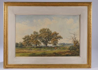 un tableau représentant des arbres dans un champ, avec le ciel en arrière-plan