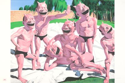 a painting of a group of naked men posing for a picture