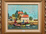 an oil painting of boats in the water near a small town