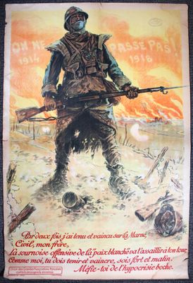 une vieille affiche représentant un soldat tenant un fusil dans un champ