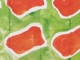 a painting of a bunch of red flowers on a green background