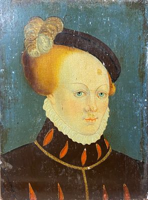 an old painting of a woman in a black dress with a red collar