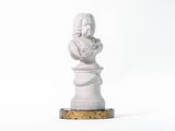 white marble bust of a woman on a pedestal on a white background