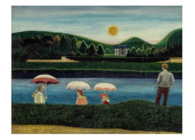 a painting of people with umbrellas by the water