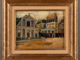une peinture à l'huile représentant une scène de rue avec des bâtiments et une calèche
