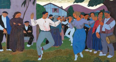 a painting of a group of people dancing in a field