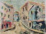 an image of a painting of a street with buildings in the background