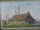 une peinture à l'huile représentant une scène de ferme avec une grange en arrière-plan