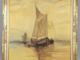 an oil painting of a sailboat in the water with other boats in the background