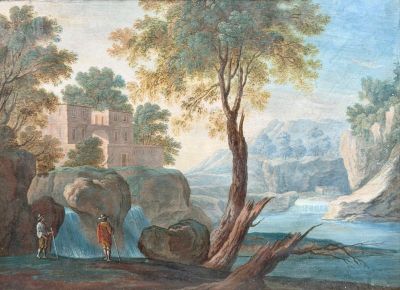 an image of a painting of a man and a woman standing in front of a waterfall