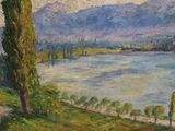 an oil painting of a view of a lake with trees and mountains