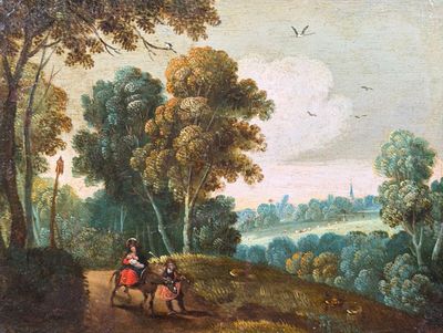 an image of a painting of a man riding a horse in a wooded area