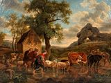 a painting of a group of people and animals in a field