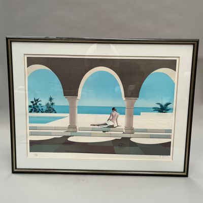 tableau représentant une femme assise sur un banc au bord de l'eau