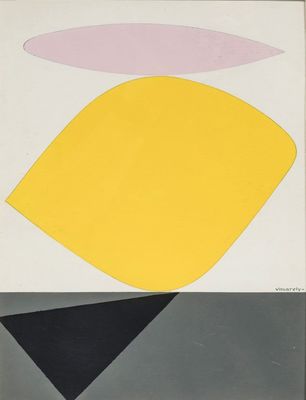 une peinture abstraite représentant un carré jaune, noir et gris
