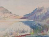 watercolor painting of a lake with a mountain in the background