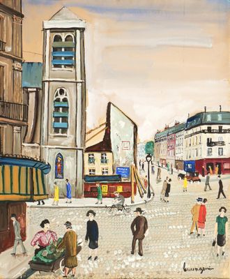 un tableau représentant une scène de rue avec des passants et une tour horloge