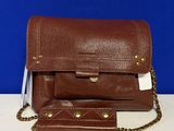 brown leather handbag with chain strap and matching wallet