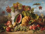tableau représentant une nature morte composée de fruits et de légumes posés sur une table