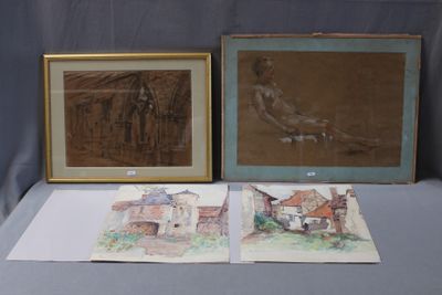 two framed pictures of a man sitting on a bench next to a picture of a house
