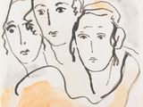 un dessin représentant trois femmes dont les visages sont dessinés sur une feuille de papier