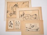 four drawings of people on a boat and a man on a boat