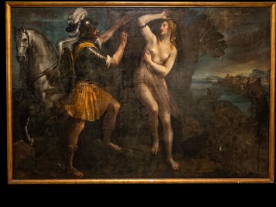 an image of a painting of a man holding a woman ' s head