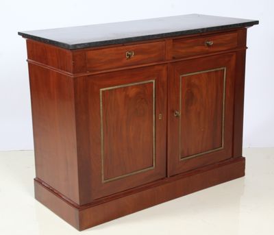 an image of a wooden cabinet with two doors and a marble top