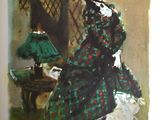 tableau représentant une femme en robe verte assise sur une chaise