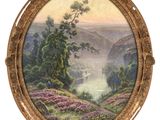 an image of a painting of a landscape with a river in the distance