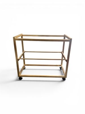 a wooden shelf with three shelves on wheels on a white background