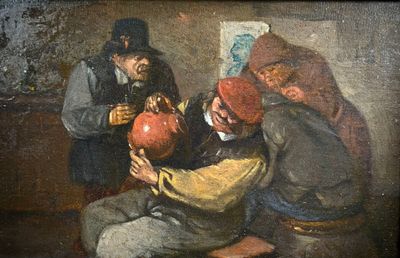 a painting of two men playing with a ball in a room