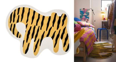 deux photos d'une chambre avec un tapis représentant un tigre posé au sol